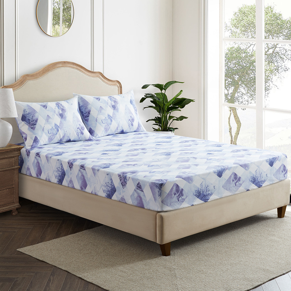 Blue Geometric Diamond Bed Sheet Polyester 3D Printed Bedspread_voghion.com