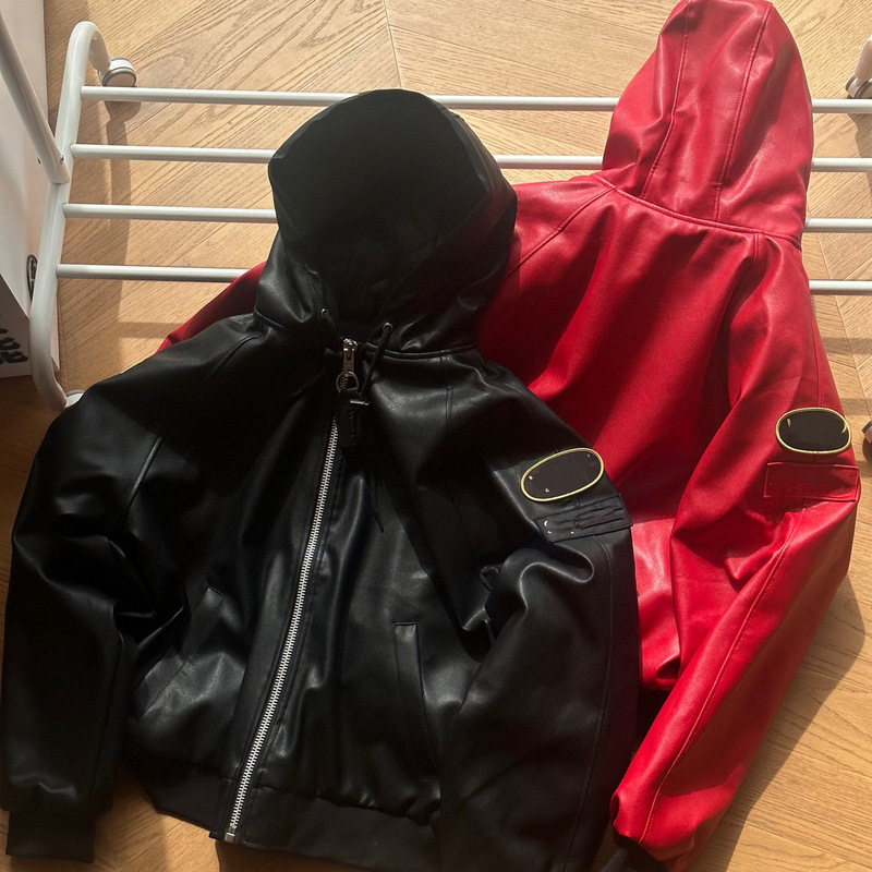 SUP Spring and Autumn New Hooded Leather Jacket Men's Trendy Loose Youth Motorcycle Jacket Korean Hooded Men's Leather Jacket