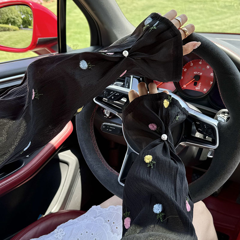 Mangas de hielo, mangas de protección solar, nuevas flores bordadas, mangas acampanadas sueltas, hebilla de perlas, mangas de hielo, mangas de seda de hielo, mangas de seda de hielo, mujeres