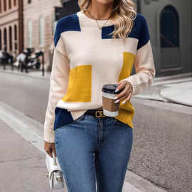 欧美外贸秋季衣服女拼色线衣针织毛衣圆领套头上衣亚马逊出口