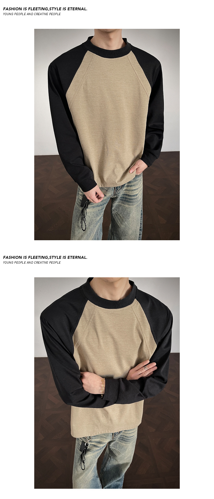 Long-sleeve Patchwork T-shirt For Men American Style Loose Casual_voghion.com