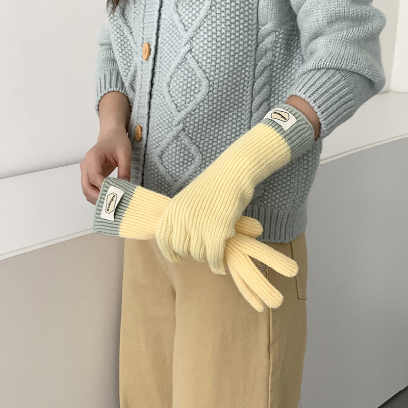 Guantes de punto para mujeres 2025 invierno nuevo color de colisión de empalme para montar calentamiento largo pantalla táctil cinco dedos guantes