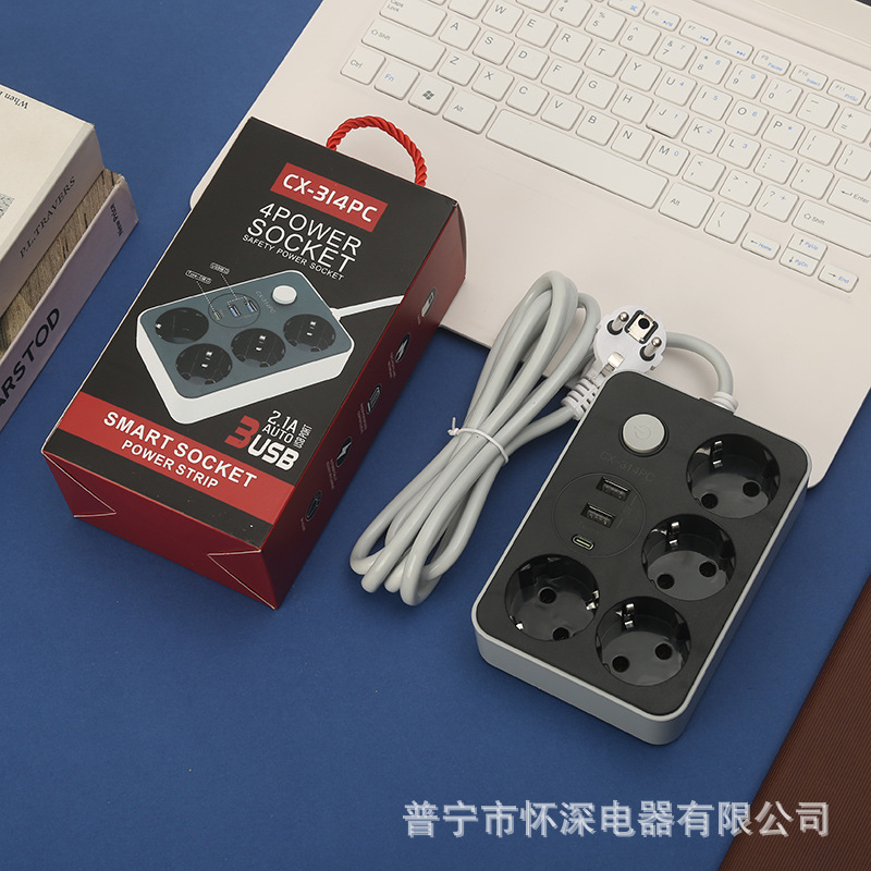 欧孔欧标欧插欧式外贸插排俄罗斯插座黑色2USB+1PD总控开关盒子装