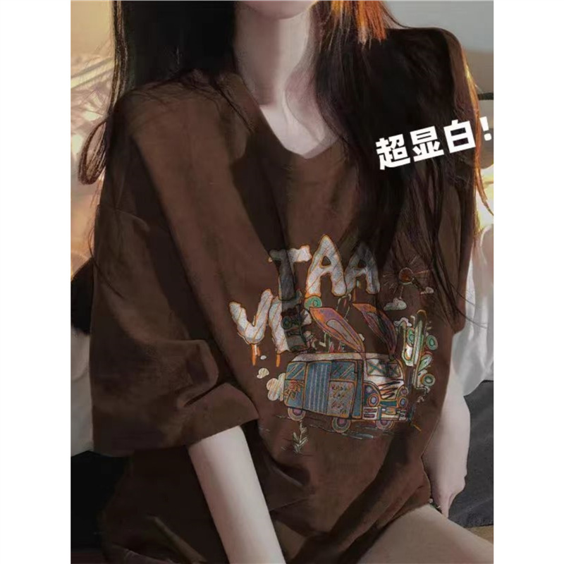 Brown Cotton American Style Loose oversize Short-sleeved T-shirt White Women's Summer New Couple's Half-sleeved Top Trendy