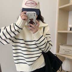 半拉链立领毛衣女韩系小众条纹宽松外搭秋冬长袖上衣套头针织衫潮