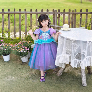 網紅美人魚公主裙女童長袖絲絨連衣裙小女孩生日萬聖節兒童禮服裙