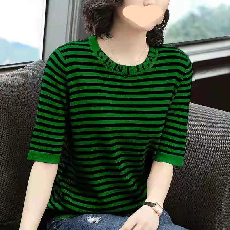 Летний тонкий полосатый свободный топ из ледяного шелка больших размеров с коротким рукавом и круглым вырезом для женщин среднего возраста, 2025 г.