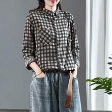 2024春棉麻复古格子衬衫贴布口袋长袖翻领排扣休闲亚麻开衫上衣女