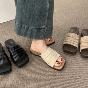 Pleated Linen One-Line Open-Toe Thick-Soled Slippers for Women's Outer Wear Summer New Style Casual Beach Sandals That Are Not Tiring for Feet