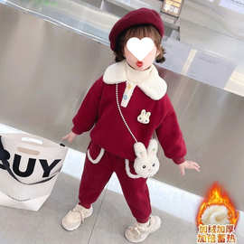 女童冬装加绒翻领卫衣卫裤两件套2023新款一体绒韩版时髦运动套装