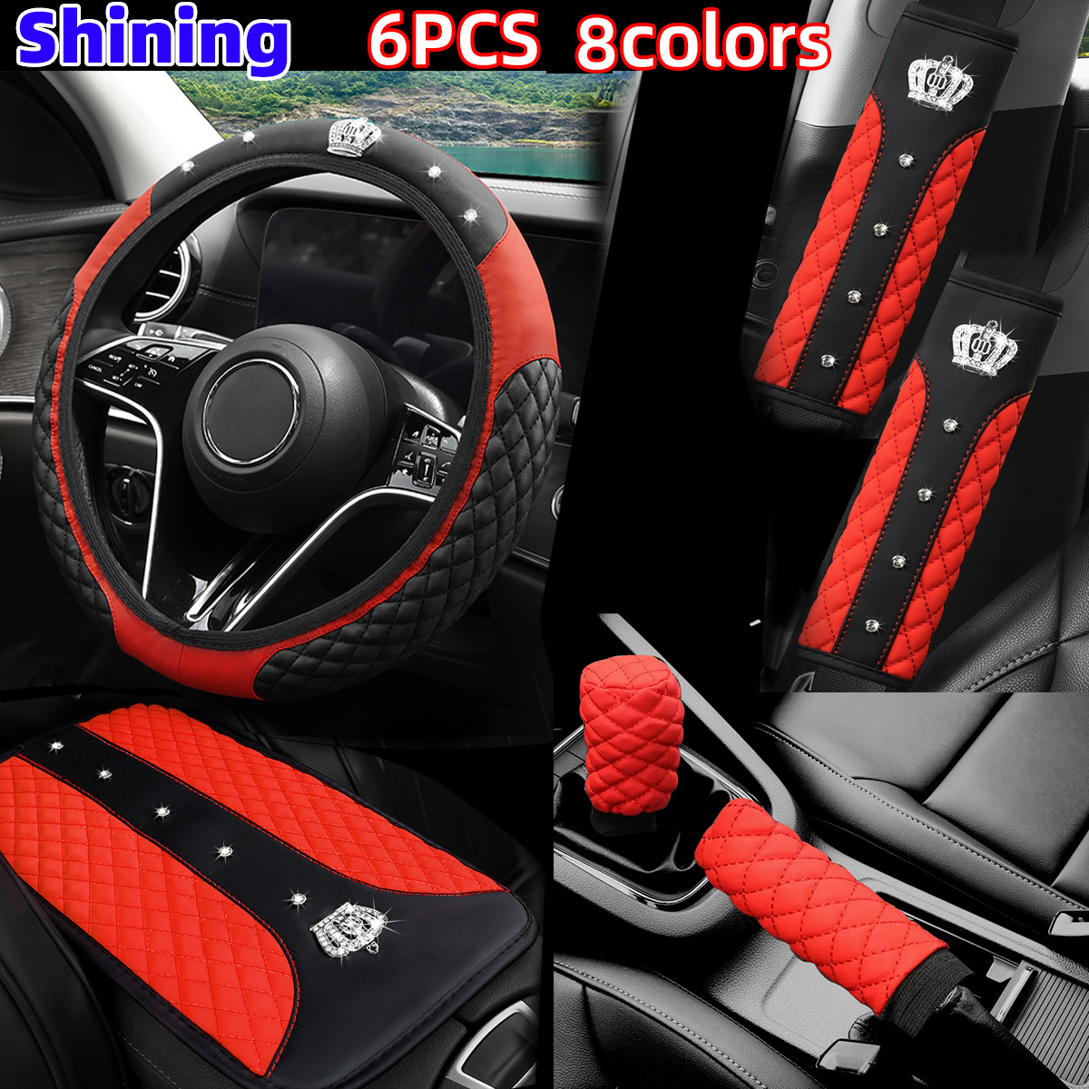 Cross-Border Popular Car Steering Wheel Cover, Leather Diamond-Encrusted Crown, Bubble Armrest Box Pad, Shoulder Protector, Seat Belt Cover Wholesale