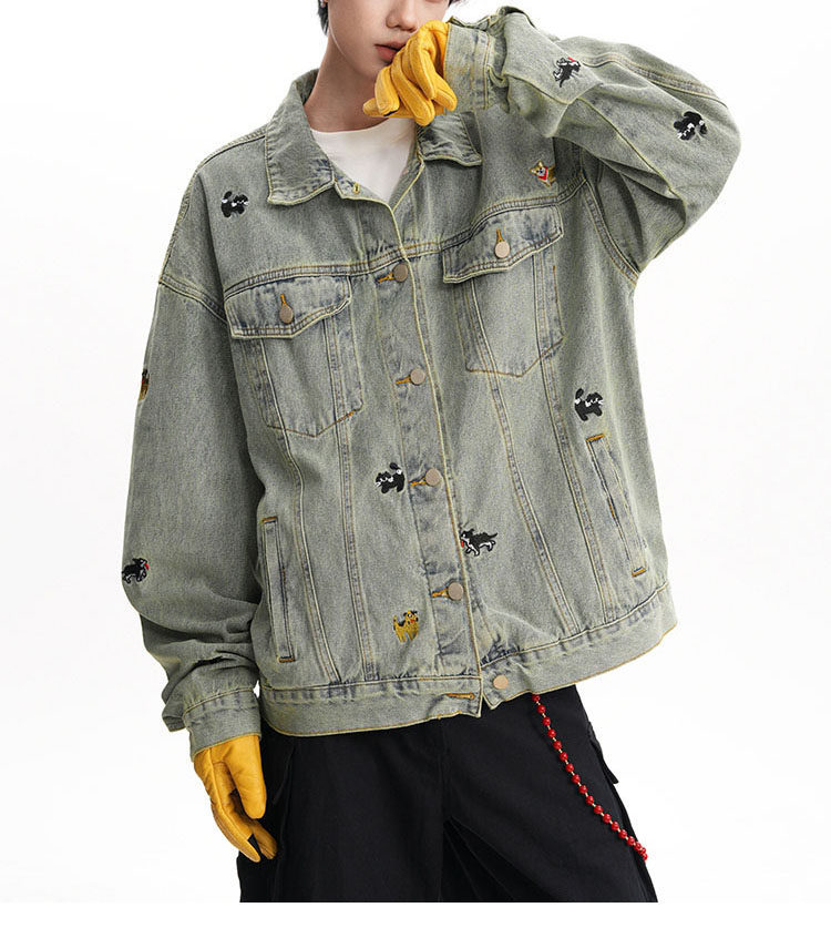 Giacca in denim con ricamo vintage a tema cartone animato - Cappotto oversize da streetwear per uomo e donna (S-2XL)_voghion.com