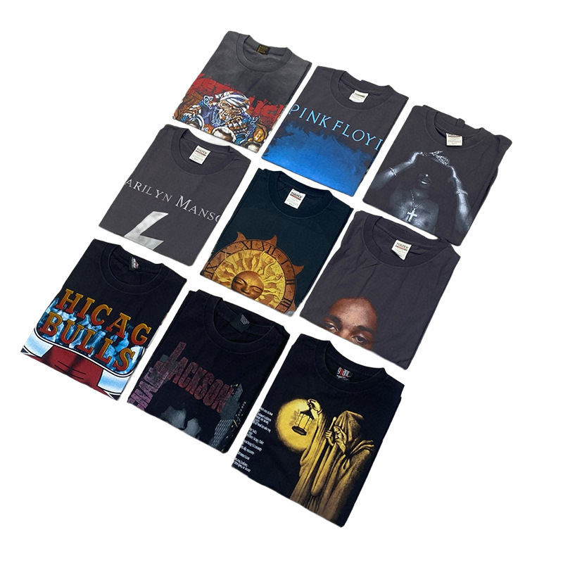 VINTAGE Cylinder Cloth Short Sleeve Collection Retro Washed Old Rock Dog Master 2PAC Jordan MJ Crewneck T-shirt Trendy