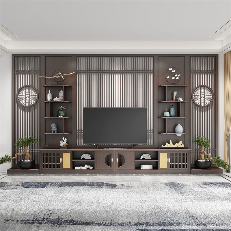 新中式实木电视柜一体组合墙柜隔断柜客厅电视机柜现代中式背景墙