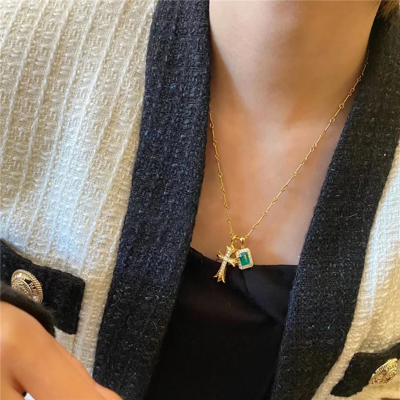 Fashion Cross Copper Inlay Zircon Pendant Necklace 1 Piece