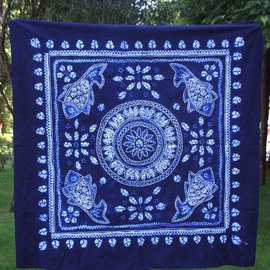 云南扎染桌布大理白族手工蓝染布料床单民族风正方行鱼餐桌布