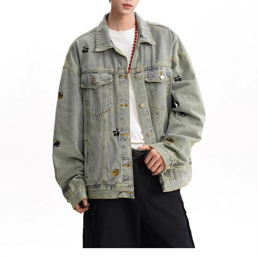 Giacca in denim con ricamo vintage a tema cartone animato - Cappotto oversize da streetwear per uomo e donna (S-2XL)_voghion.com