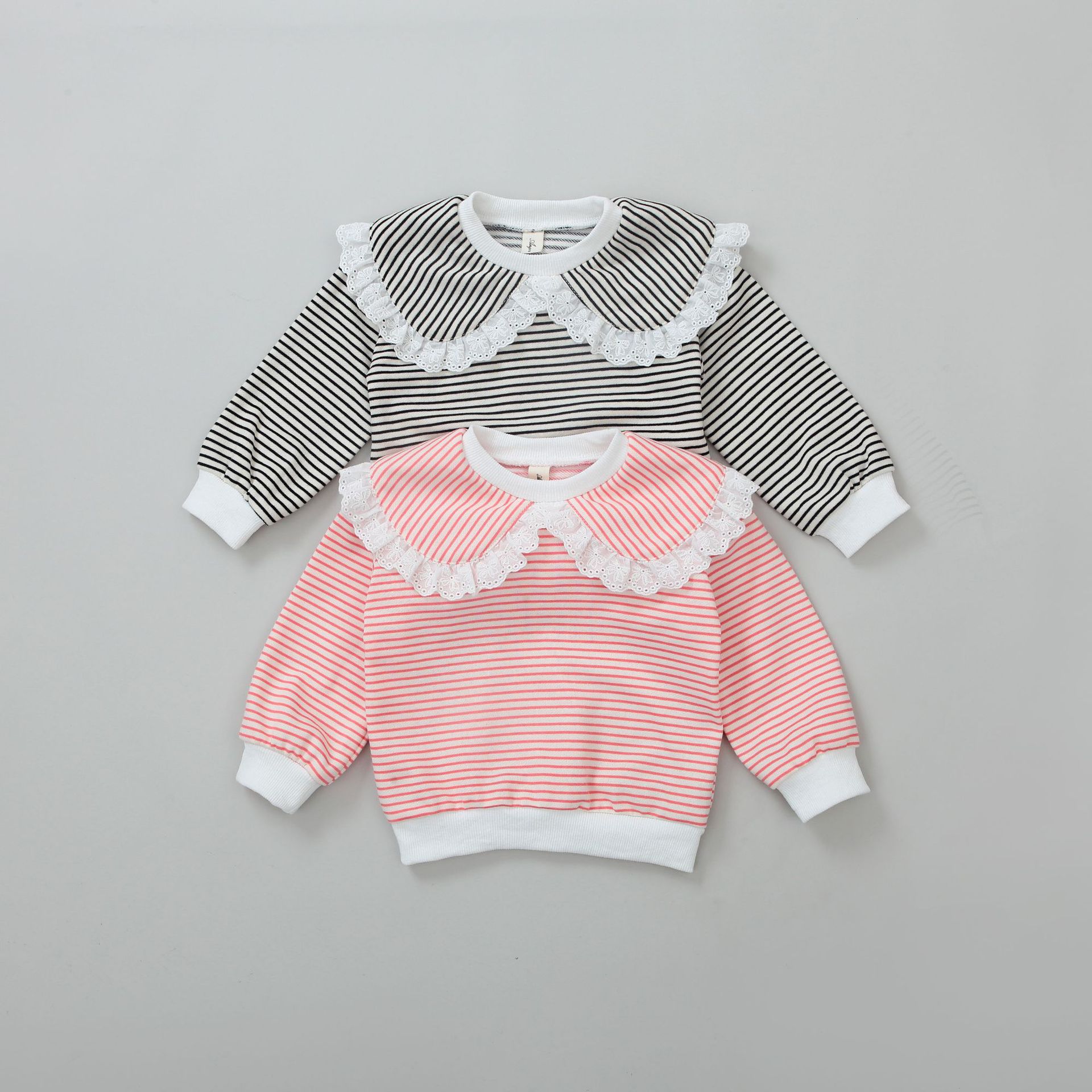 Autumn Korean Children's Clothing Top 2023 for Middle and Small Girls with Lace Collar, Round Collar, Fringe Striped Children's Sweatshirt