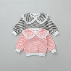 Autumn Korean Children's Clothing Top 2023 for Middle and Small Girls with Lace Collar, Round Collar, Fringe Striped Children's Sweatshirt