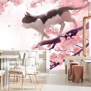 日式樱花树寿司壁画壁纸网红ins直播剧本杀贴画招财猫咪背景墙布
