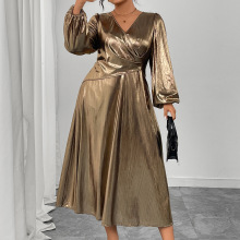 欧美跨境新款连衣裙亚马逊外贸性感气质灯笼袖高腰修身连衣裙