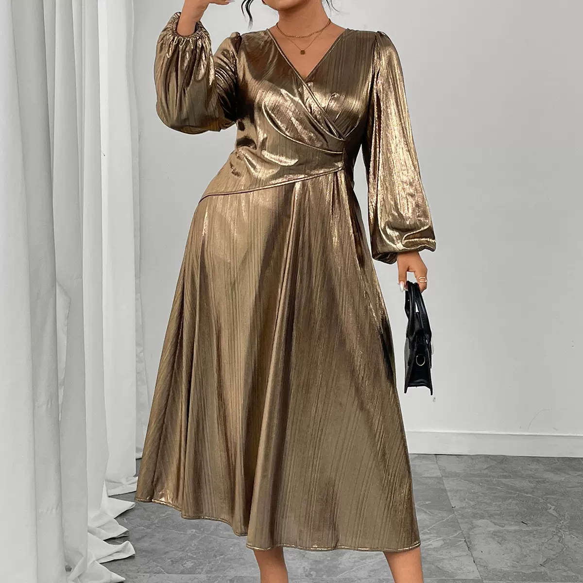 欧美跨境新款连衣裙亚马逊外贸性感气质灯笼袖高腰修身连衣裙