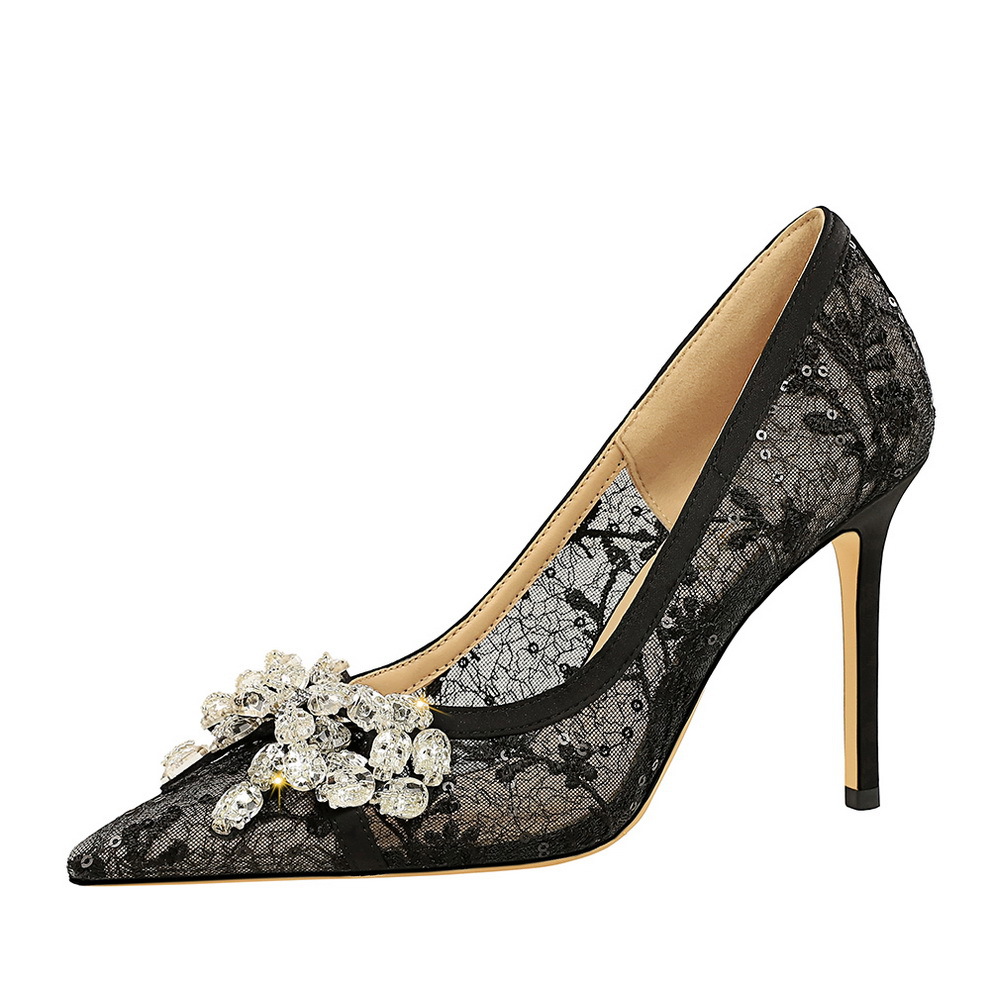 1963-H19 European And American Style Sexy Party High-heeled For Women, Lace Mesh With Rhinestone Bow, Pointed Toe_vogvips.com