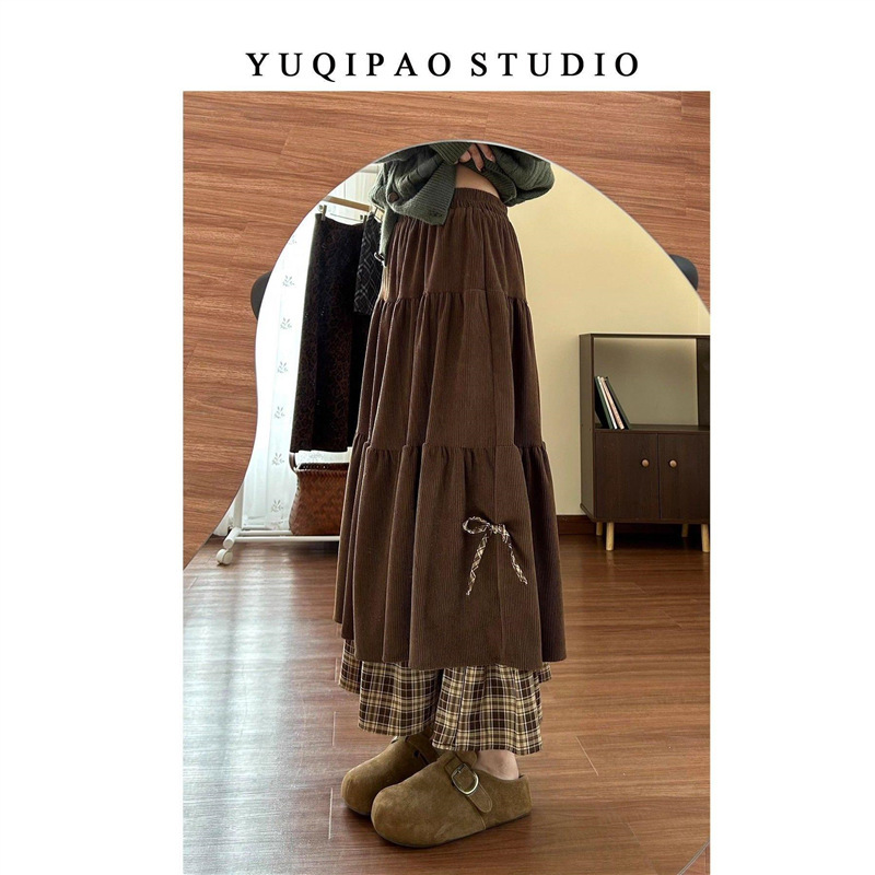 Brown corduroy plaid vintage midi skirt for women, winter tiered skirt, plaid A-line midi skirt