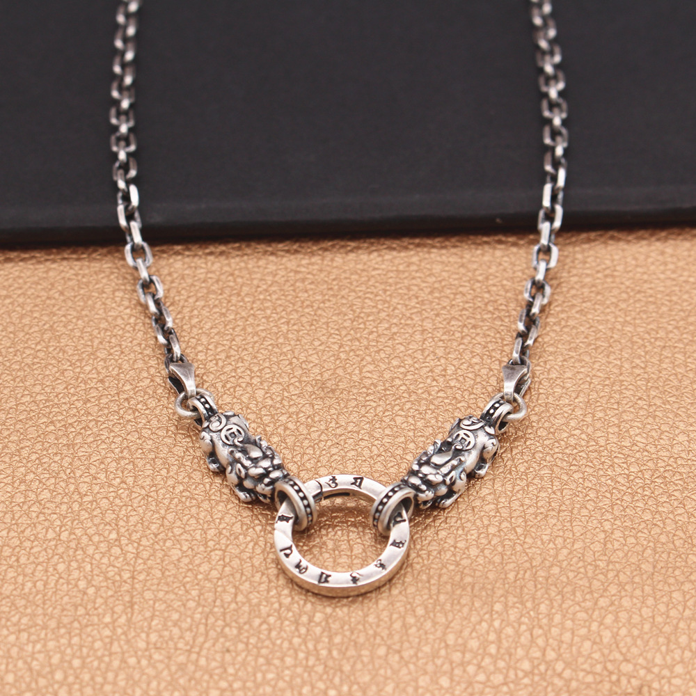 999 sterling silver universal buckle pearl chain pure silver necklace pendant men's all-match women's retro sweater chain long