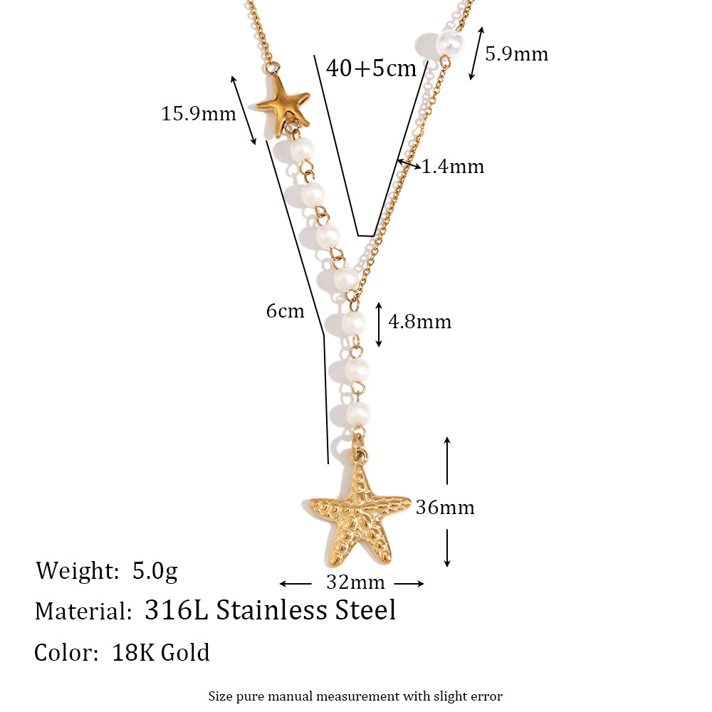 Stainless Steel Starfish Pearl Asymmetrical Necklace