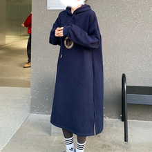 过膝长款连衣裙外套女秋冬加绒加厚保暖体恤宽松胖mm带帽开叉卫衣