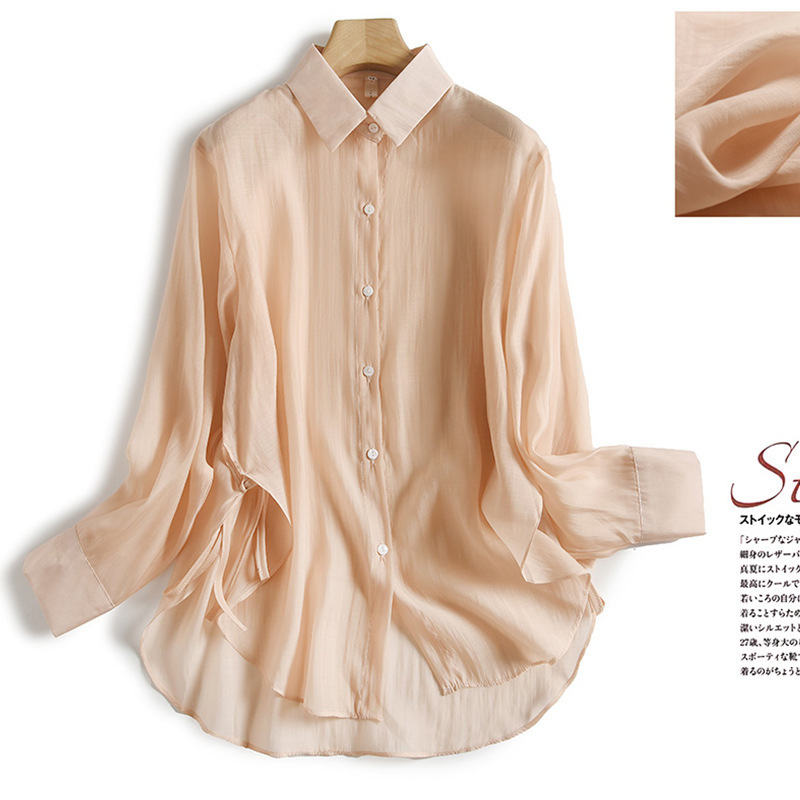 Slightly See-Through Tencel Shirt for Women 2024 Summer New Long-Sleeved Lapel Single-Breasted Drawstring Commuter Shirt 8024