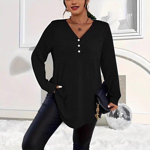 European and American autumn and winter elegant large size women's solid color button long-sleeved shirt