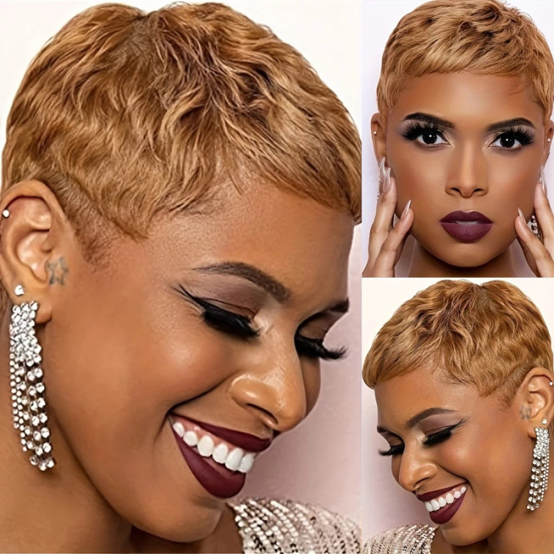 2025 Independent Website New European and American Short Hair Oblique Bangs Golden Short Curly Hair Chemical Fiber Rose Net Wig Wholesale