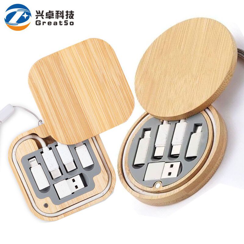 Environmentally Friendly Bamboo and Wood Six-In-One Fast Charging Cable Storage Box, Biodegradable Mobile Phone Data Cable 60W Portable
