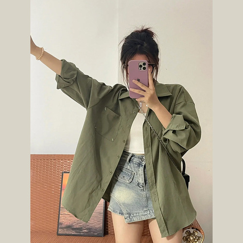 American retro green shirt cardigan jacket for women spring and autumn 2024 new loose long sleeve loose top shirt