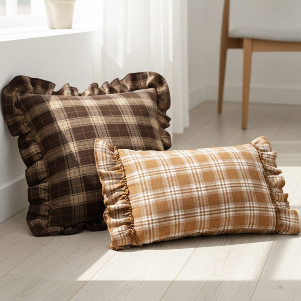 Cross-Border British Scandinavian Ins Yarn-Dyed Plaid Lotus Leaf Skirt Pillow Retro Living Room Sofa Cushion Home Decoration