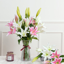 百合花仿真花餐桌客厅装饰塑料假花摆设高档绢布花束摆件花瓶插花