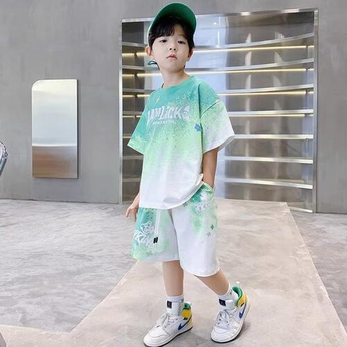 Boys summer suit loose sportswear  new big children's trendy brand street children's printed two-piece short-sleeved set