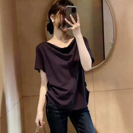 法式慵懒荡领宽松短袖上衣女夏季大码胖妹妹高级复古气质百搭T恤