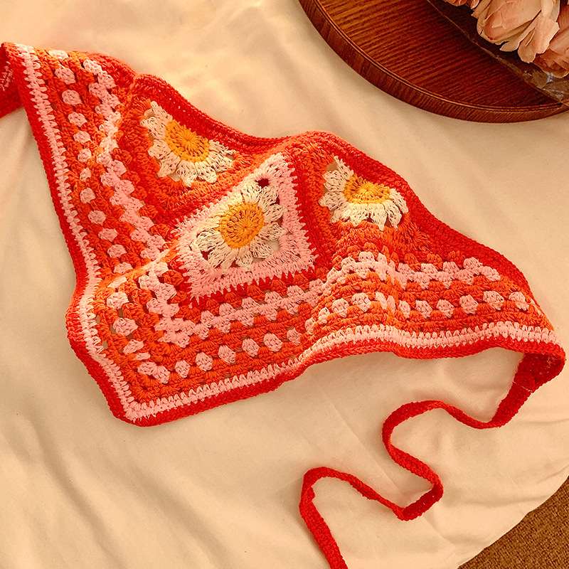 La atmósfera de la playa de flores triangulares de punto turbante de mujer estilo retró pastoral francés correa de pelo para tomar fotos