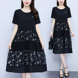 圆领拼接网纱连衣裙女士夏季新款短袖宽松中长款遮肉显瘦减龄裙子