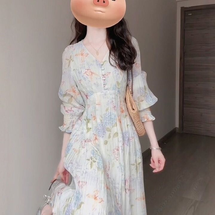 春秋新款收腰法式茶歇连衣裙女森系v领气质雪纺碎花长裙绝美温柔|undefined