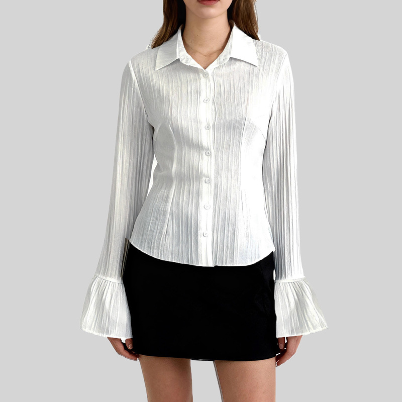 Women's Shirt, Spring and Autumn, Striped Jacquard, New Style, Elegant, Lazy Style, Turn-Down Collar, Vertical Stripes, Long-Sleeved Women's Top, Loose Fit