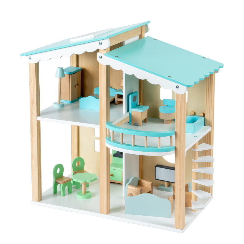 Casa de muñecas azul de madera para niños, casa de juegos, simulación de bebé, escena de bricolaje, villa ensamblada, mini muebles, juguetes