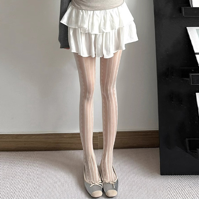 Sweet Y2K Gray Vertical Striped Jacquard Lace-Trimmed Sheer Pantyhose for a Pure and Alluring Look