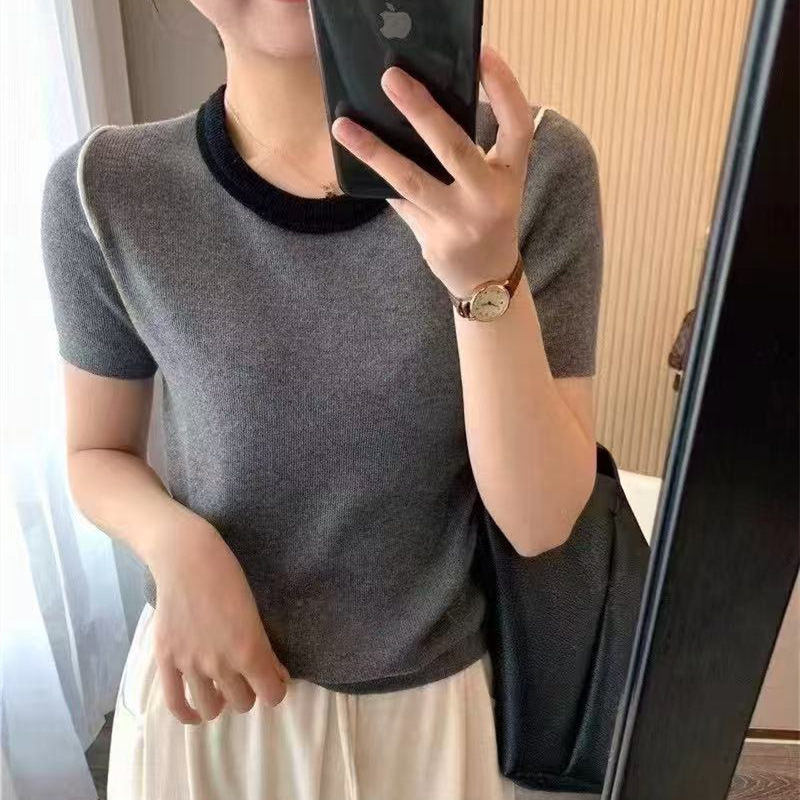 2025 estilo occidental de verano con camisa de fondo delgada y delgada, cuello redondo de color de contraste coreano, suéter de manga corta de todo fósforo para mujer image 10