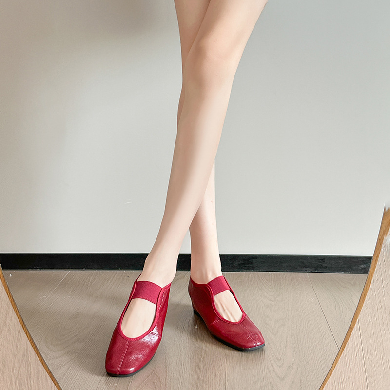 Ballet Soft Simple Flat 2025 Summer New Shallow Round Toe Elastic Genuine Leather Mary Jane Shoes For Women_vogvips.com