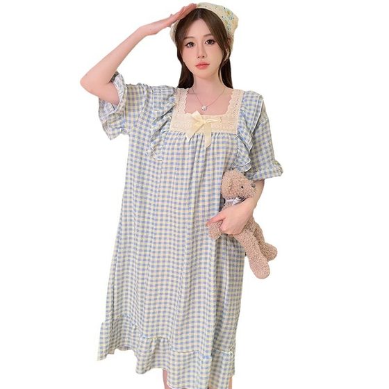 Cross-border Pajamas Women's Summer New Korean-style Princess Style Foam Short-sleeved Nightgown Loose Fat plus size Home Clothes