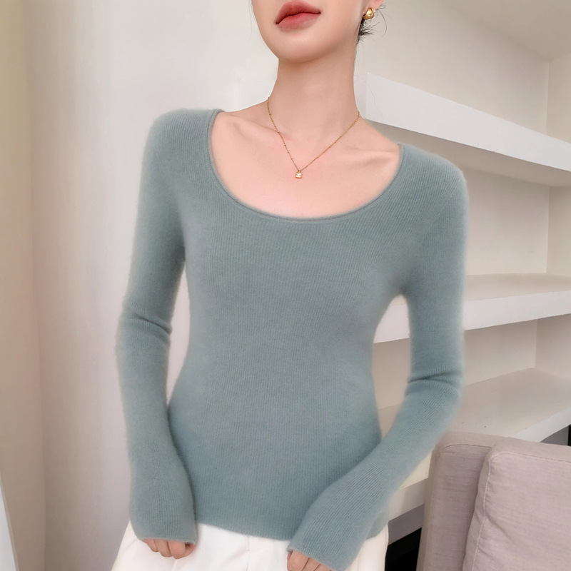 Seamless Rolled-Edge U-Neck Cashmere Sweater for Women, Slim Fit, Soft and Cozy Long-Sleeve Knit Top